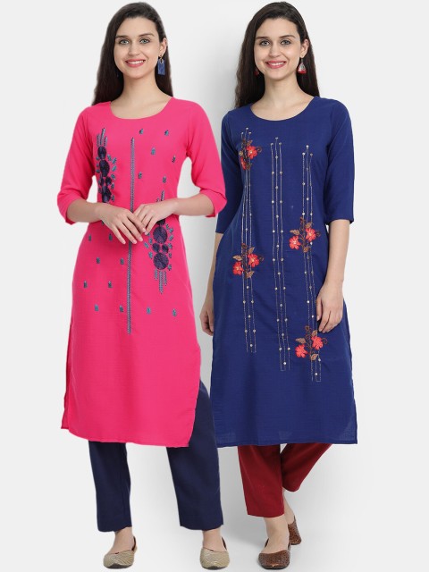 

7Threads Women Pack Of 2 Pink & Navy Blue Floral Embroidered Thread Work Kurtas