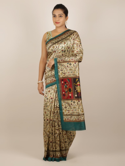 

Pothys Beige & Green Jute Silk Printed Saree