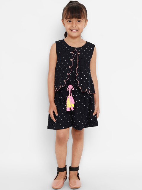 

Nauti Nati Girls Black Self Design Cotton Jumpsuit