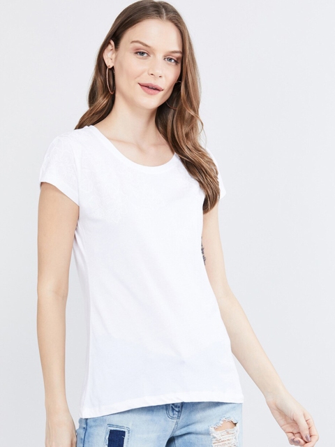 

max Women White Printed Round Neck T-shirt