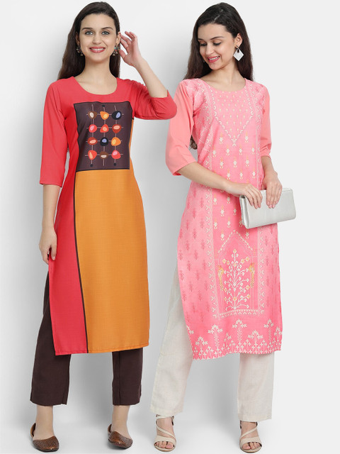 

7threads women Pack Of 2 pink & red geometric printed crepe kurta
