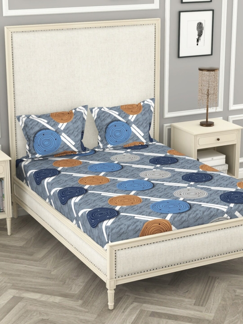 

BIANCA Grey & Blue Geometric 210 TC Polyester 1 King Bedsheet with 2 Pillow Covers