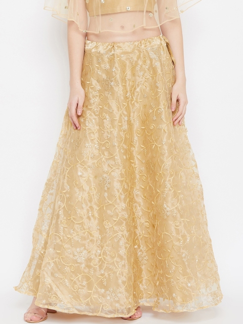 

studio rasa Women Beige & Gold-Colour Embellished Flared Maxi Skirt