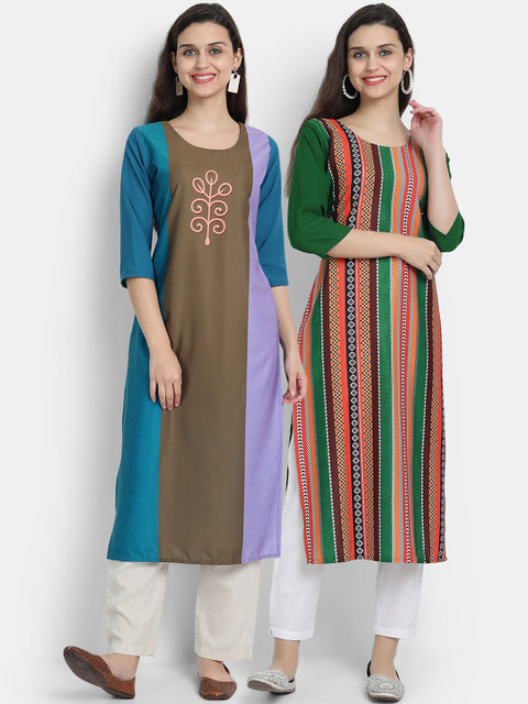 

7threads women Pack Of 2 multicoloured striped crepe kurta, Multi