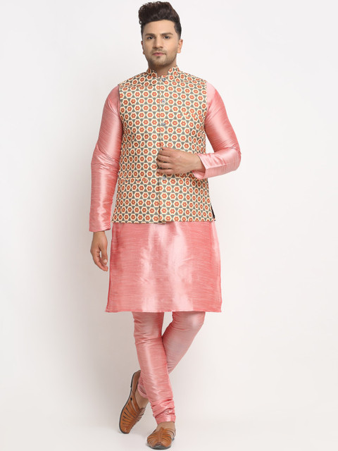

Benstoke Men Pink Solid Kurta with Churidar & Jacket
