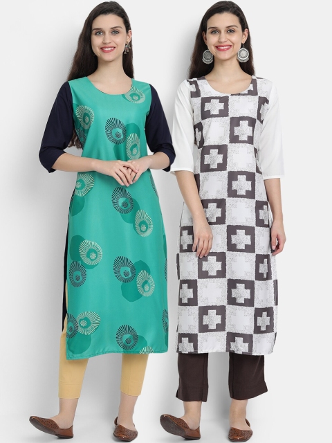 

7threads women Pack Of 2 green & white geometric printed crepe kurta