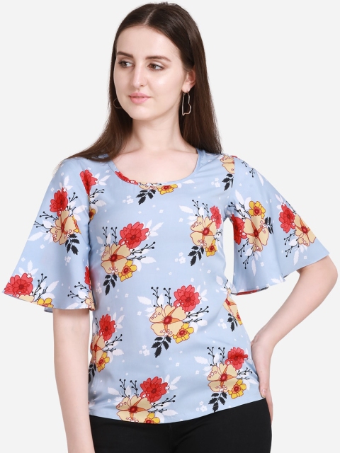 

Fbella Blue Floral Printed Flared Sleeves Crepe Regular Top