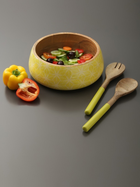 

Amoliconcepts Green & Brown Enamelled Sustainable Salad Bowl With 2 Salad Servers
