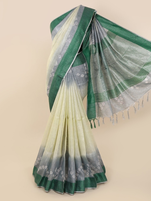 Pothys Cream-Coloured & Green Linen Blend Printed Saree