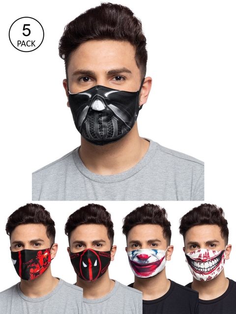

TREEMODA Men Pack Of 5 Printed 3-Ply Reusable Cloth Masks, Black