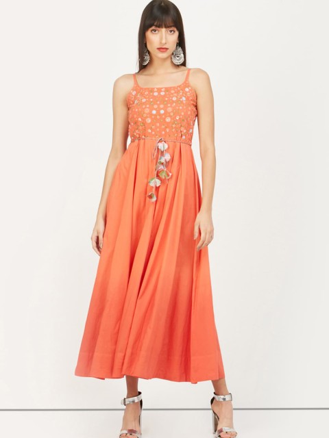 

max Women Orange Embroidered Maxi Dress