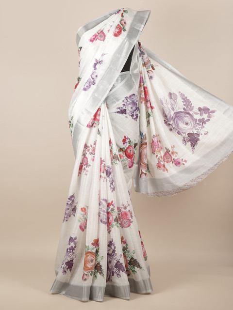 

Pothys White & Purple Linen Blend Printed Saree