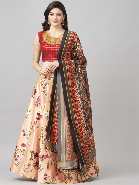 Satrani Peach-Coloured & Red Woven Design Semi-Stitched Lehenga & Unstitched Blouse with Dupatta