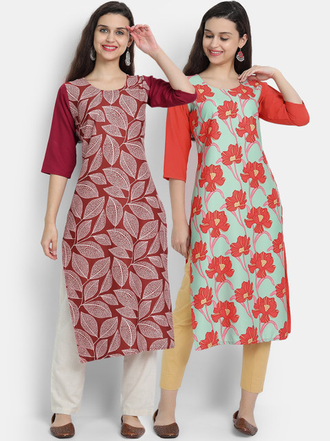 

7threads women Pack Of 2 orange & maroon floral printed crepe kurta