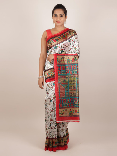 

Pothys Cream-Coloured & Red Jute Silk Printed Saree
