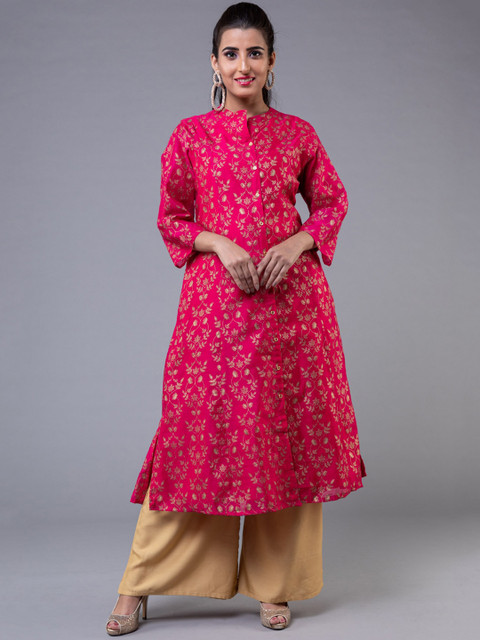 

KLM Fashion Mall Women Pink & Gold-Toned Floral Printed Chanderi Silk Kurta