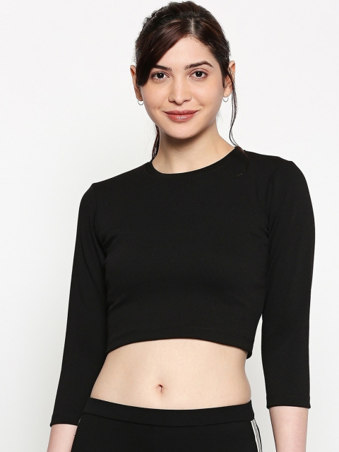 

inocenCia Women Black Solid Crop Round Neck T-shirt