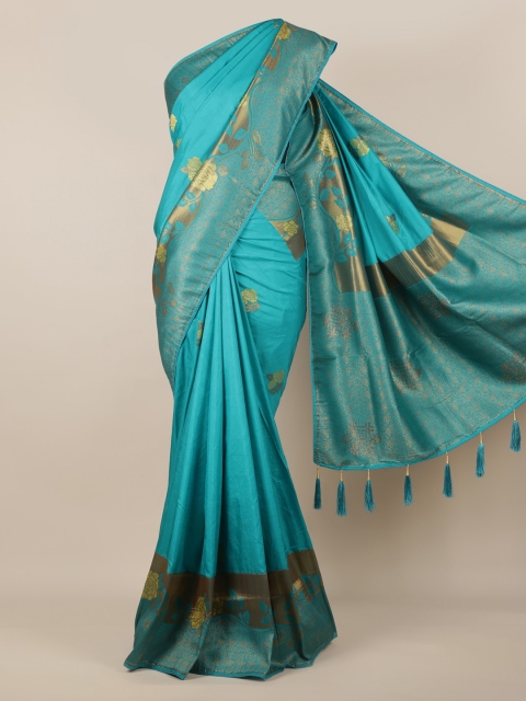 

Pothys Turquoise Blue & Gold-Toned Jute Silk Printed Saree With Tasseled Pallu