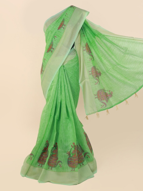 

Pothys Green Printed Cotton Blend Saree With Tasseled Pallu
