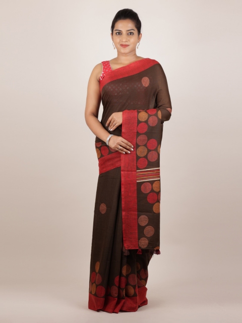 

Pothys Brown & Red Linen Blend Printed Saree