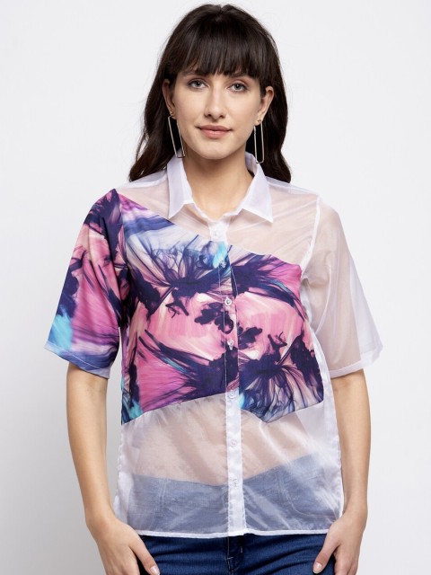 

EMBLAZE Women White Regular Fit Printed Casual Netted Shirt