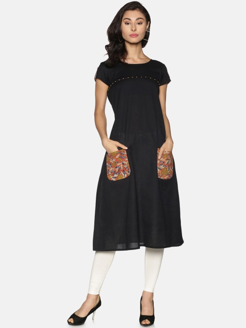 

Saffron threads women black floral printed patchwork kurta