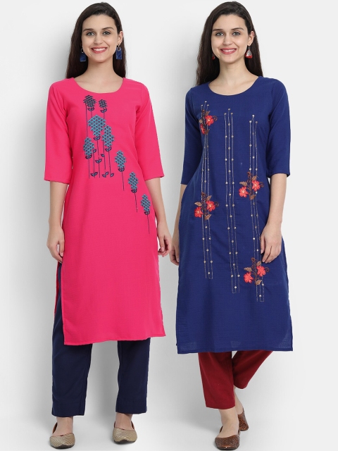

7threads Women Pack Of 2 Blue & Pink Floral Embroidered Kurta