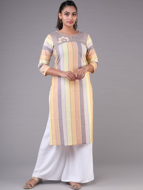 

KLM Fashion Mall Women Multicoloured Striped Thread Work Cotton Kurta, Multi