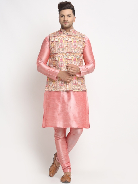 

Benstoke Men Pink & Cream-Coloured Solid Kurta with Pyjamas & Waistcoat
