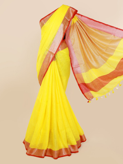 

Pothys Yellow & Gold-Toned Linen Blend Solid Saree