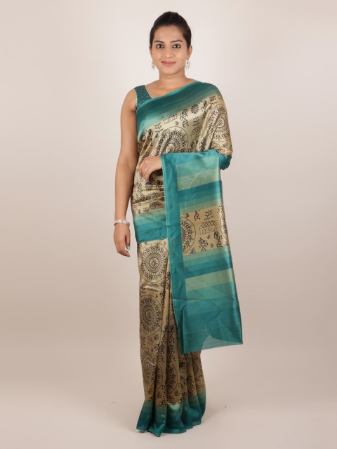 

Pothys Cream-Coloured & Green Jute Silk Printed Saree