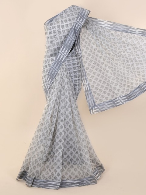 

Pothys White & Grey Supernet Printed Saree