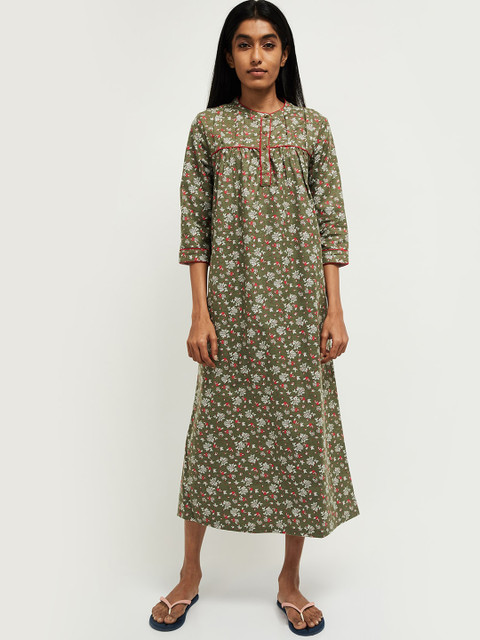 

max Women Olive Green & White Floral Printed Nightdress