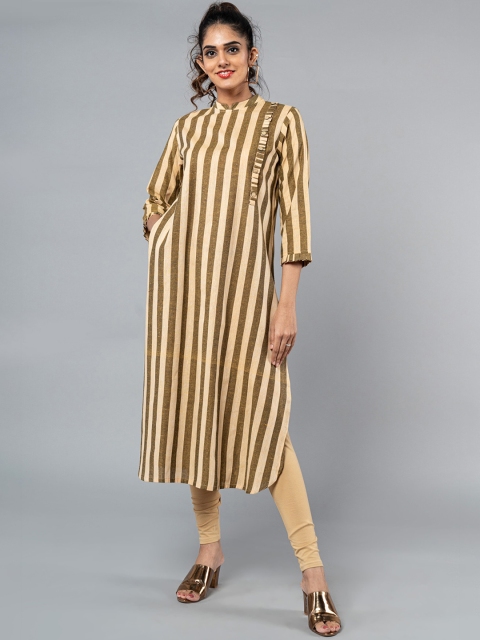 

KLM Fashion Mall Women Cream-Coloured & Olive Green Striped Kurta