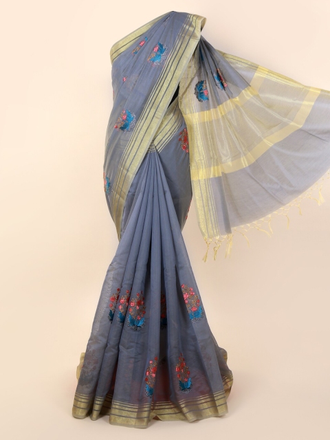 

Pothys Grey & Navy Blue Cotton Blend Embroidered Saree