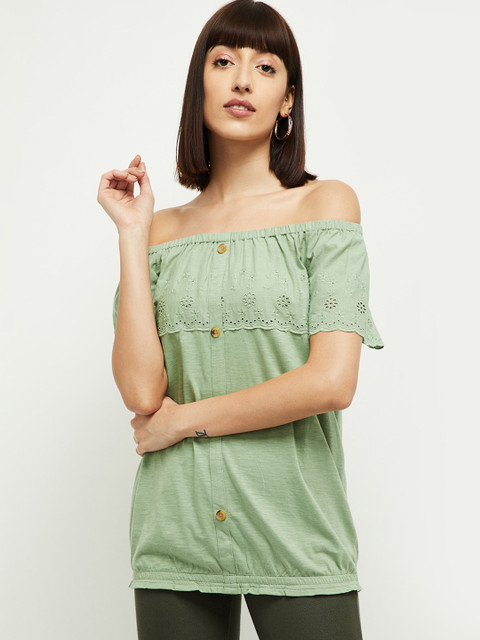 

max Olive Green Embroidered Bardot Top