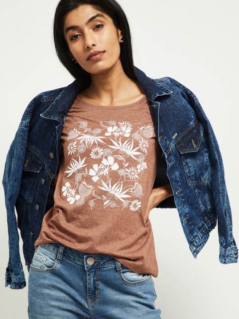max Women Brown Printed Round Neck T-shirt