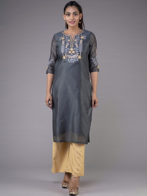 

KLM Fashion Mall Women Grey & Yellow Floral Yoke Design Thread Work Chanderi Silk Kurta