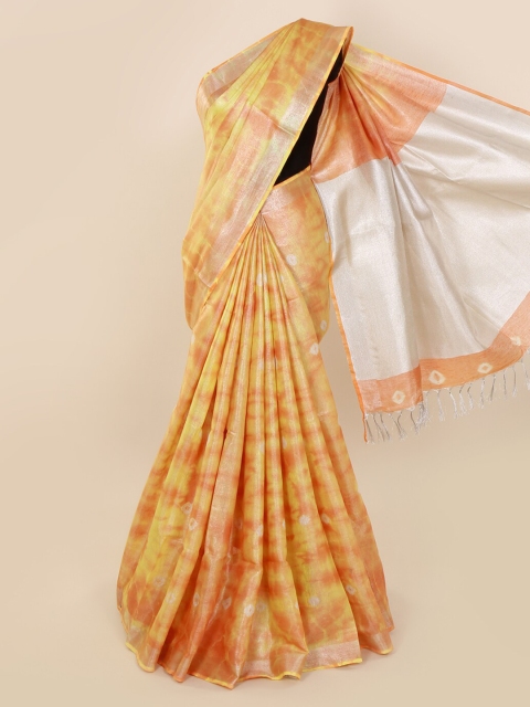 

Pothys Yellow & Peach-Coloured Linen Blend Printed Saree With Tasseled Pallu