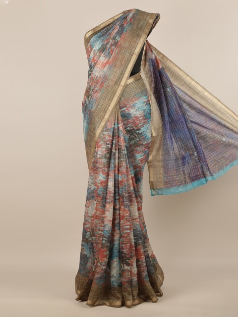 

Pothys Olive Green & Maroon Jute Silk Checked Saree
