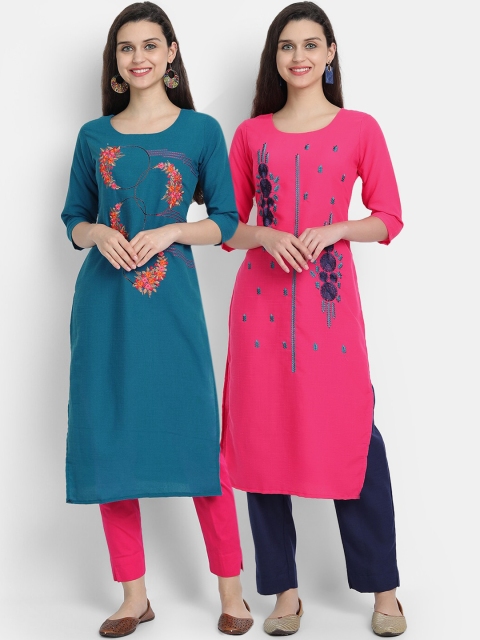 

7Threads Women Pack of 2 Embroidered Thread Work Kurtas, Teal