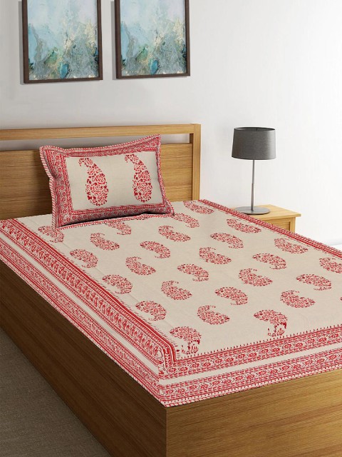 

Tistabene Beige & Red Ethnic Motifs 180 TC Cotton 1 Single Bedsheet & 1 Pillow Cover