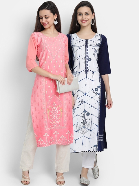 

7threads women Pack Of 2 pink & white floral printed crepe kurta