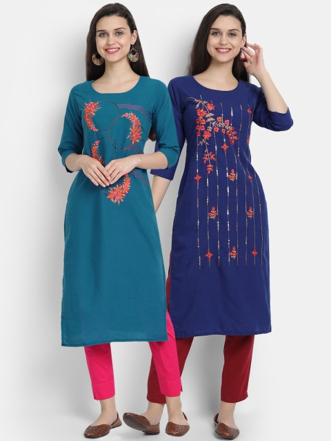 

7threads Women Pack Of 2 Floral Embroidered Thread Work Kurtas, Navy blue