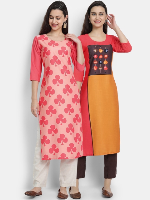 

7threads women Pack Of 2 pink & yellow geometric printed crepe kurta