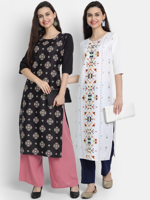 

7threads women Pack Of 2 black & white floral printed crepe kurta