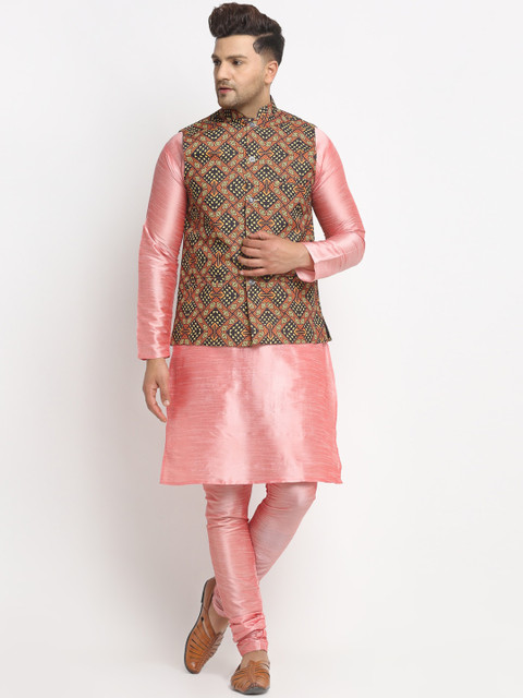 

Benstoke Men Pink Solid Kurta with Churidar and Printed Nehru Jacket