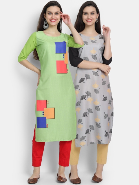 

7threads women Pack Of 2 fluorescent green & black floral colourblocked crepe kurta