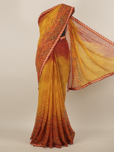 

Pothys Mustard Yellow & Brown Poly Chiffon Printed Saree