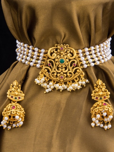 

Alankruthi Gold-Plated White & Pink Stone-Studded & Beaded Temple Jewellery Set